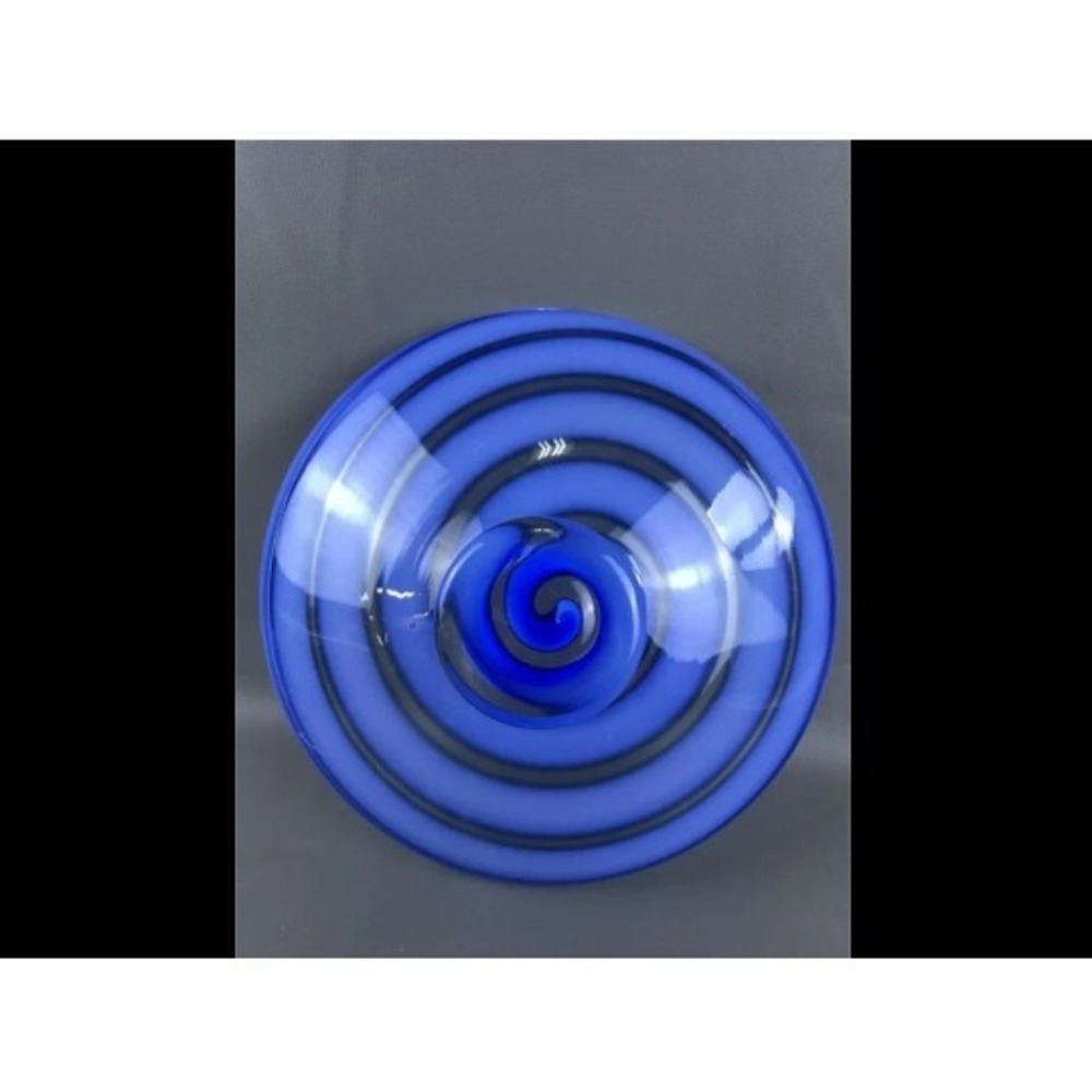 Handmade Poland Art Glass Centerpiece Bowl Cobalt Periwinkle Blue Spiral Swirl - Picture 4 of 4